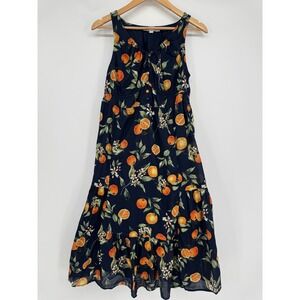 LOFT Dress 8 Petite Blue Orange Fruit Print Tiered Midi Resort Vacation Garden
